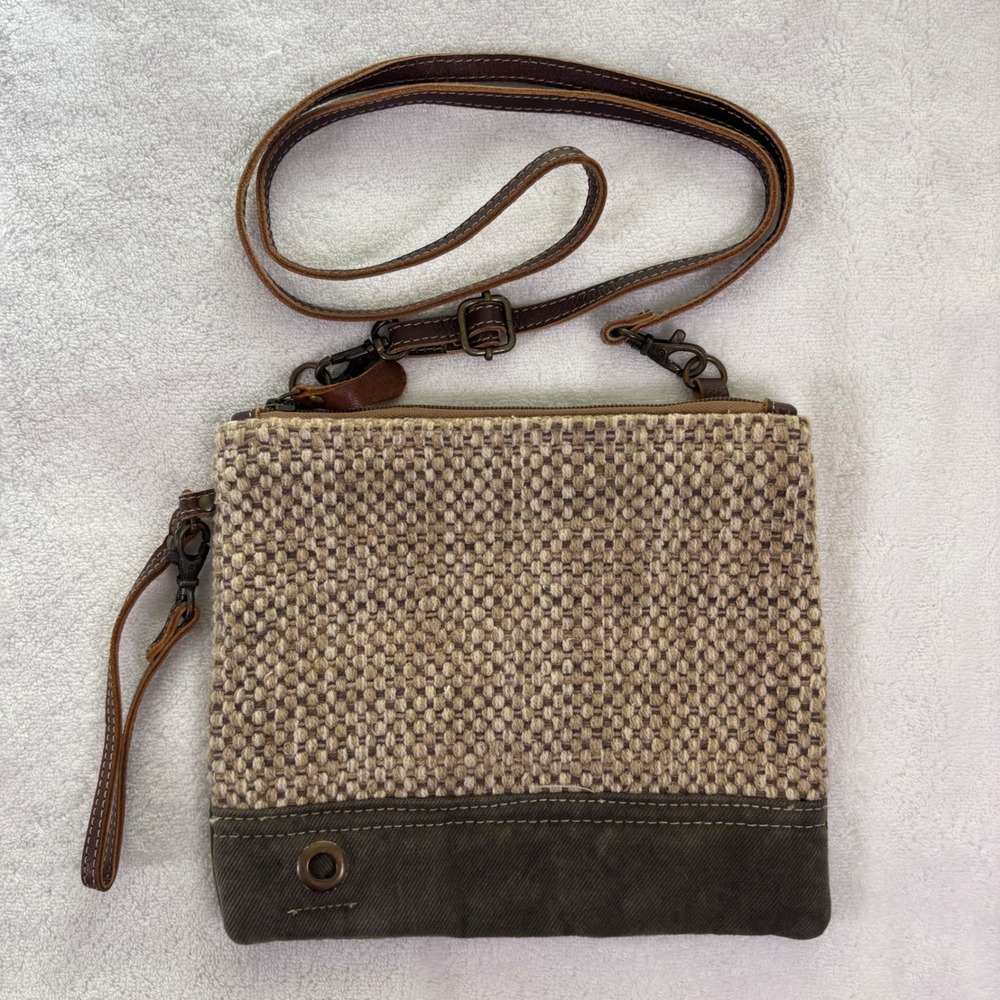 Myra Bag Woven Canvas Leather Crossbody Bag Khaki Brown Adjustable‎ Strap Zip